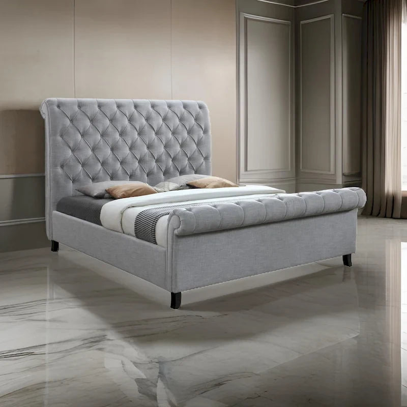 Magnolia King Size Bed, Tufted Upholstered Rolled Top Headboard, Gray