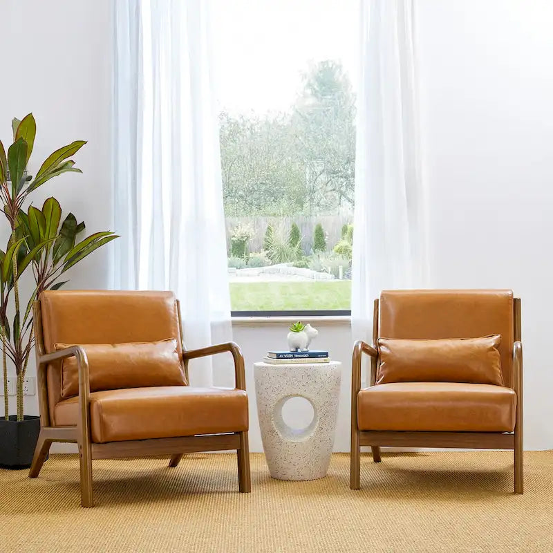 Glitzhome Set of 2 30.75H Mid-Century Modern PU Leather Accent Chairs with Cushion - 25.75W x 33.75D x 30.75H