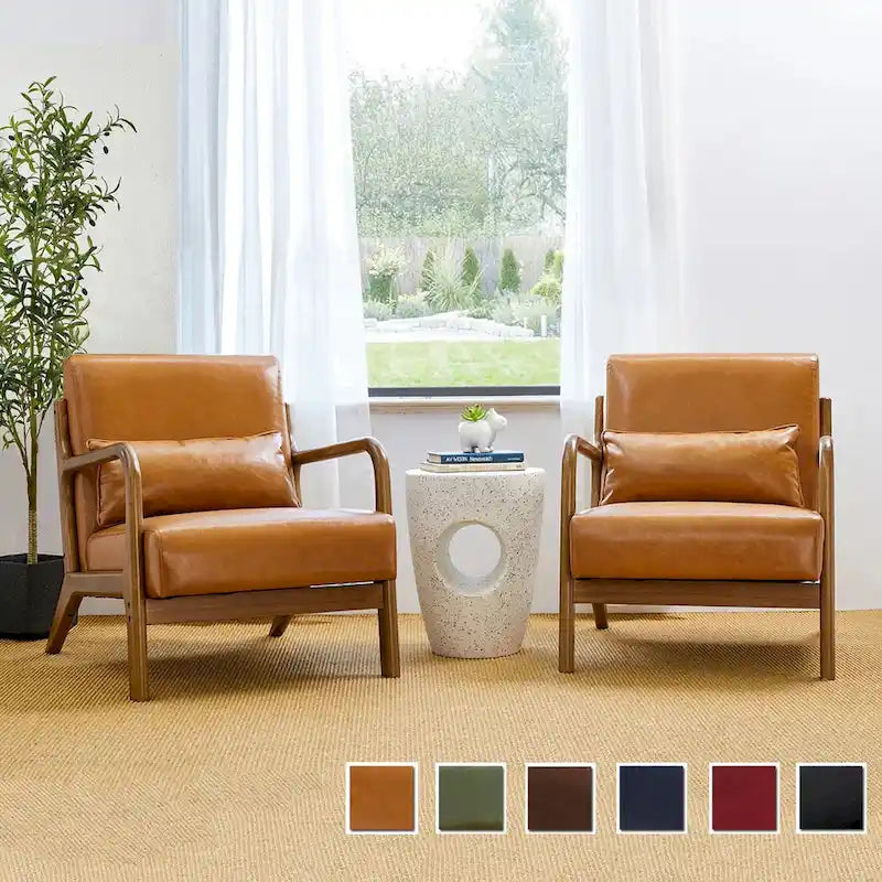 Glitzhome Set of 2 30.75H Mid-Century Modern PU Leather Accent Chairs with Cushion - 25.75W x 33.75D x 30.75H