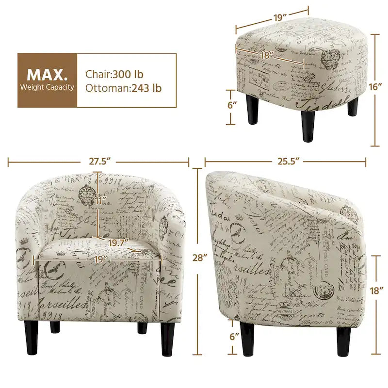 Yaheetech Contemporary Fabric Club Accent Chair and Ottoman Set