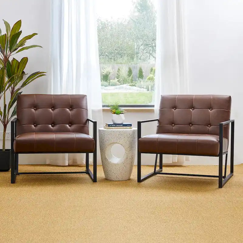 Glitzhome 29.50W Mid-Century PU Leather Tufted Accent Chair - 29.5W x 30.5H x 29.25D