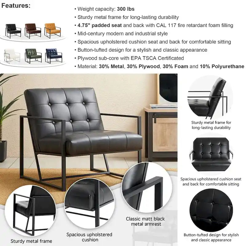 Glitzhome 29.50W Mid-Century PU Leather Tufted Accent Chair - 29.5W x 30.5H x 29.25D