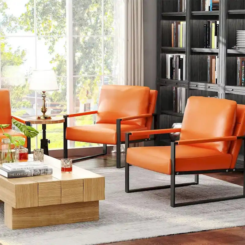 Eureka Modern Vintage Upholstered PU Leather Armchairs, Mid Century Accent Chairs with Steel Frame, Leisure Chairs (Set of 2)