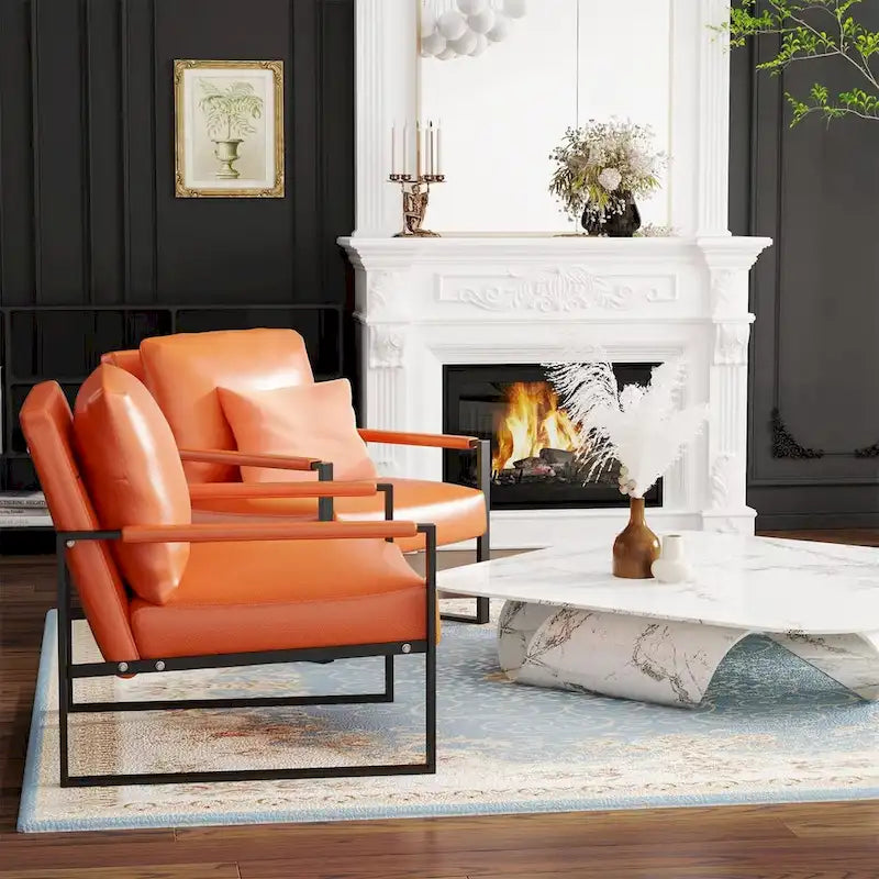 Eureka Modern Vintage Upholstered PU Leather Armchairs, Mid Century Accent Chairs with Steel Frame, Leisure Chairs (Set of 2)