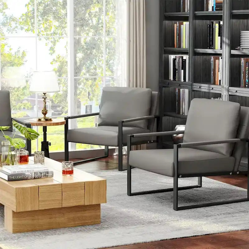 Eureka Modern Vintage Upholstered PU Leather Armchairs, Mid Century Accent Chairs with Steel Frame, Leisure Chairs (Set of 2)