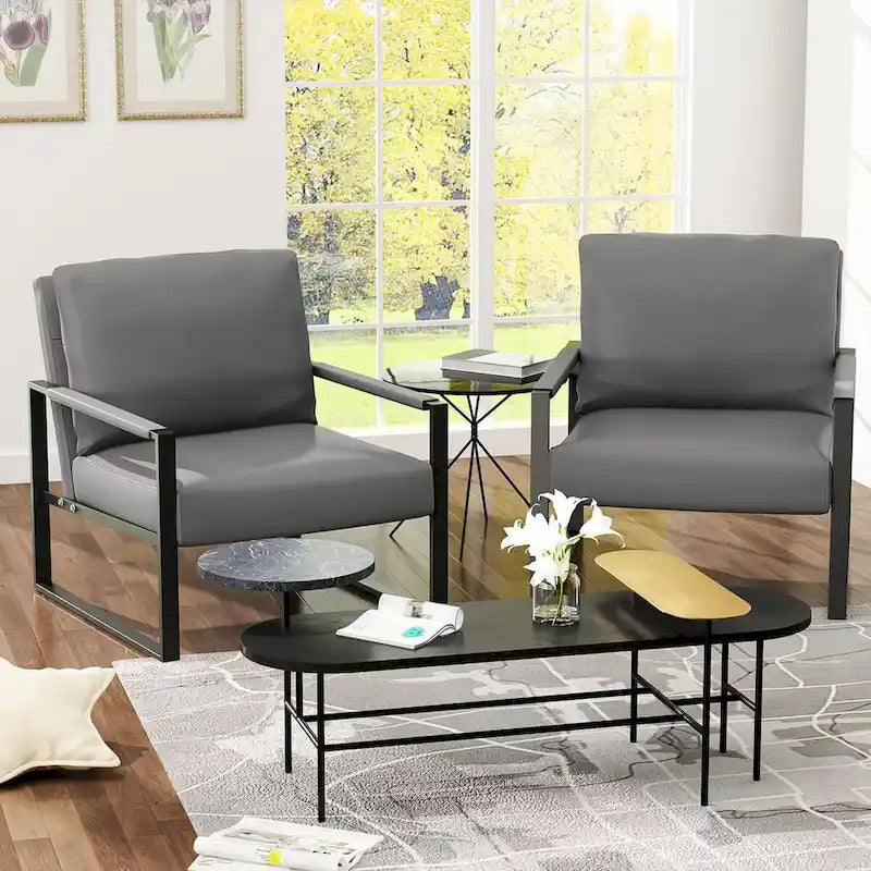 Eureka Modern Vintage Upholstered PU Leather Armchairs, Mid Century Accent Chairs with Steel Frame, Leisure Chairs (Set of 2)