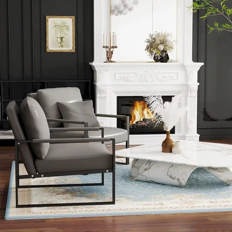 Eureka Modern Vintage Upholstered PU Leather Armchairs, Mid Century Accent Chairs with Steel Frame, Leisure Chairs (Set of 2)