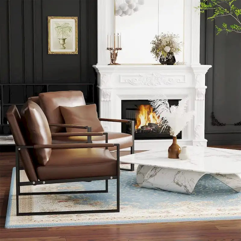 Eureka Modern Vintage Upholstered PU Leather Armchairs, Mid Century Accent Chairs with Steel Frame, Leisure Chairs (Set of 2)