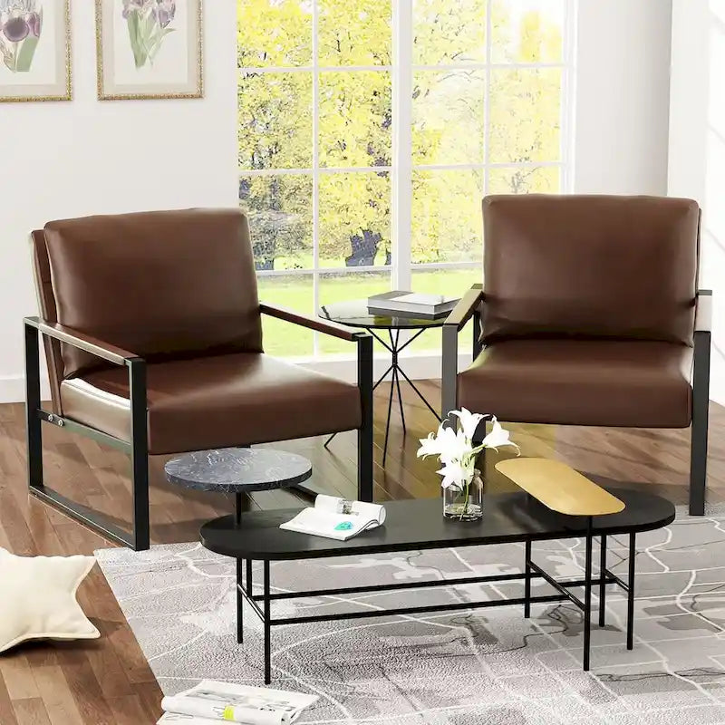 Eureka Modern Vintage Upholstered PU Leather Armchairs, Mid Century Accent Chairs with Steel Frame, Leisure Chairs (Set of 2)