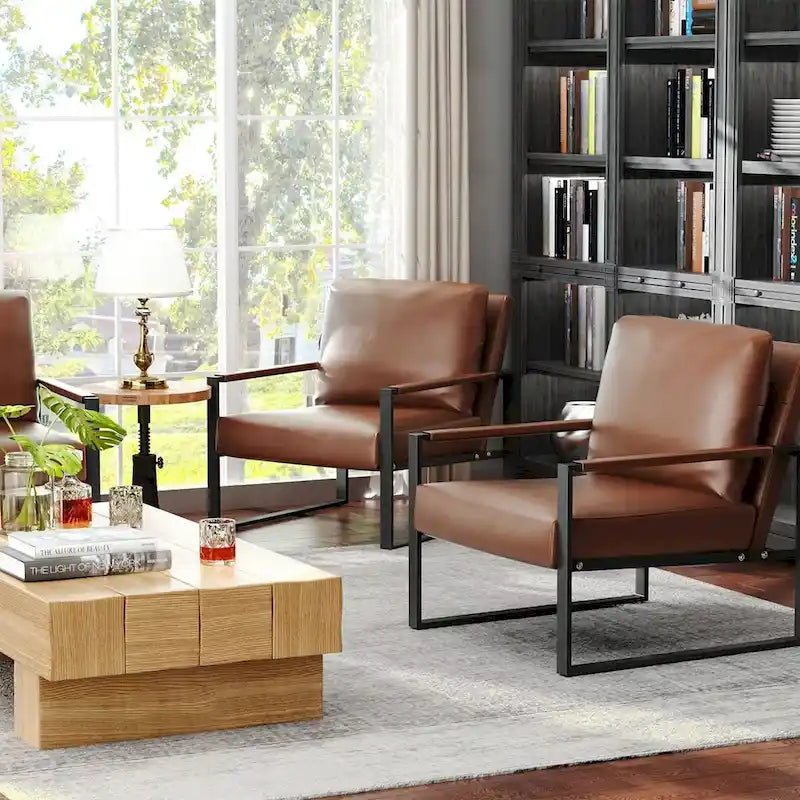 Eureka Modern Vintage Upholstered PU Leather Armchairs, Mid Century Accent Chairs with Steel Frame, Leisure Chairs (Set of 2)