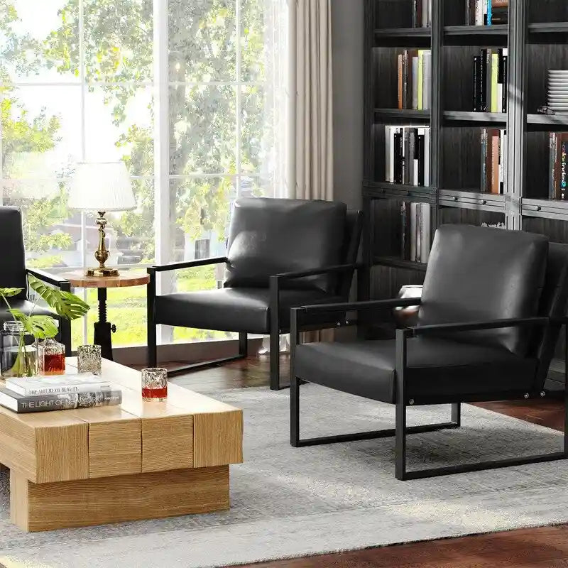 Eureka Modern Vintage Upholstered PU Leather Armchairs, Mid Century Accent Chairs with Steel Frame, Leisure Chairs (Set of 2)
