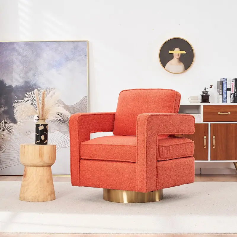 Ouyessir moderne beklede draaibare accentstoel met open rug en gouden basis