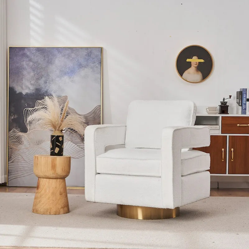 Ouyessir moderne beklede draaibare accentstoel met open rug en gouden basis