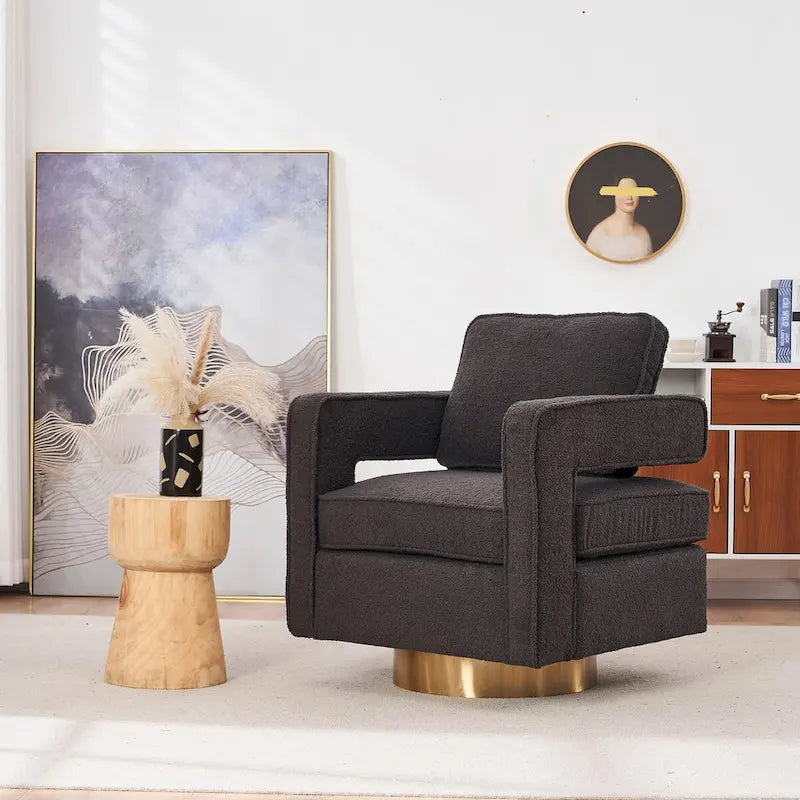 Ouyessir moderne beklede draaibare accentstoel met open rug en gouden basis
