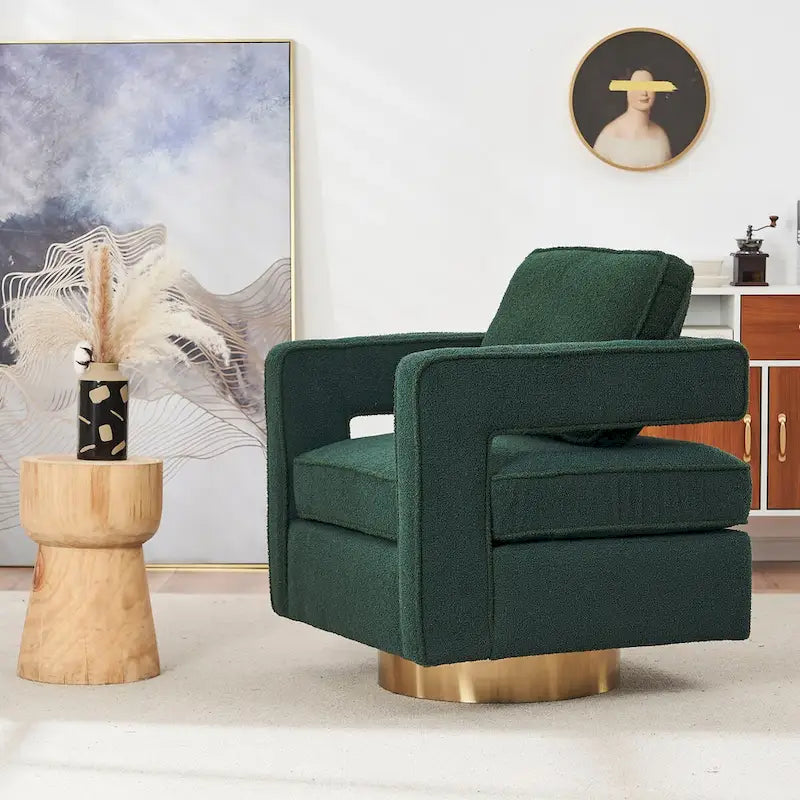 Ouyessir moderne beklede draaibare accentstoel met open rug en gouden basis