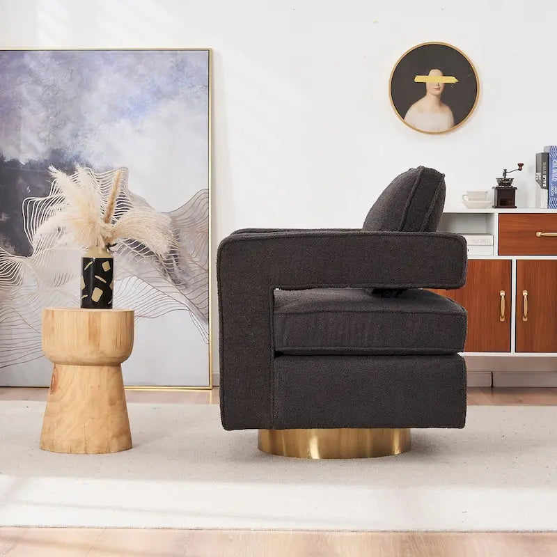 Ouyessir moderne beklede draaibare accentstoel met open rug en gouden basis