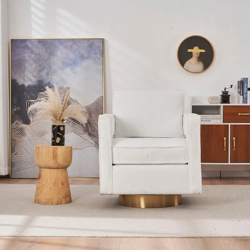 Ouyessir moderne beklede draaibare accentstoel met open rug en gouden basis