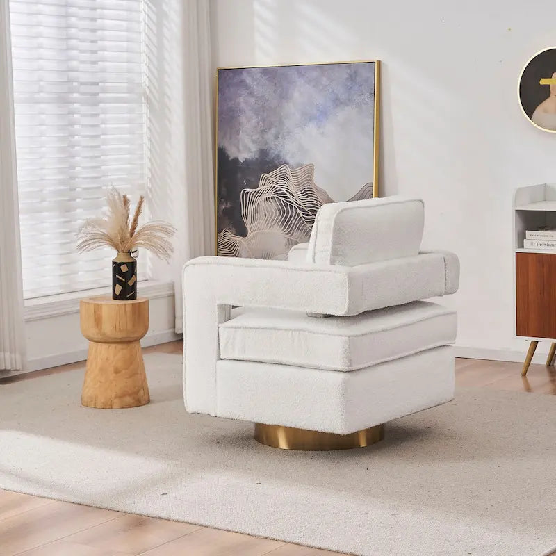 Ouyessir moderne beklede draaibare accentstoel met open rug en gouden basis