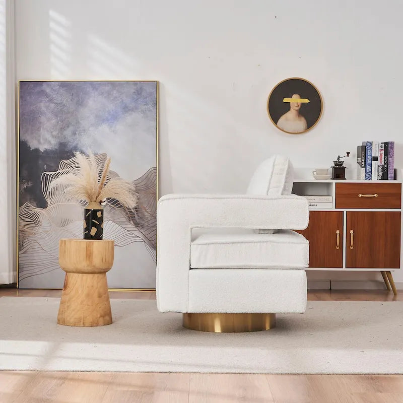 Ouyessir moderne beklede draaibare accentstoel met open rug en gouden basis
