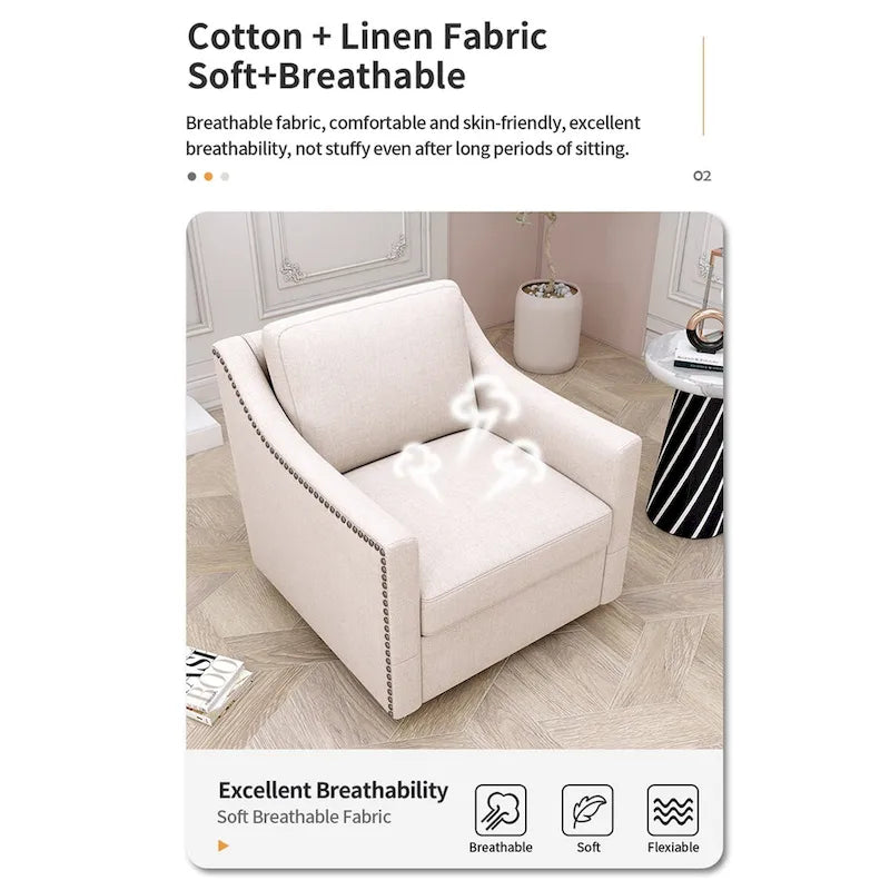 Drehbarer Akzent-Sessel mit 360-Grad-Drehfunktion, Leinenmischgewebe, Grau, modernes weiches Samtmaterial, ergonomisch, mit schwarzen Beinen für den Innenbereich