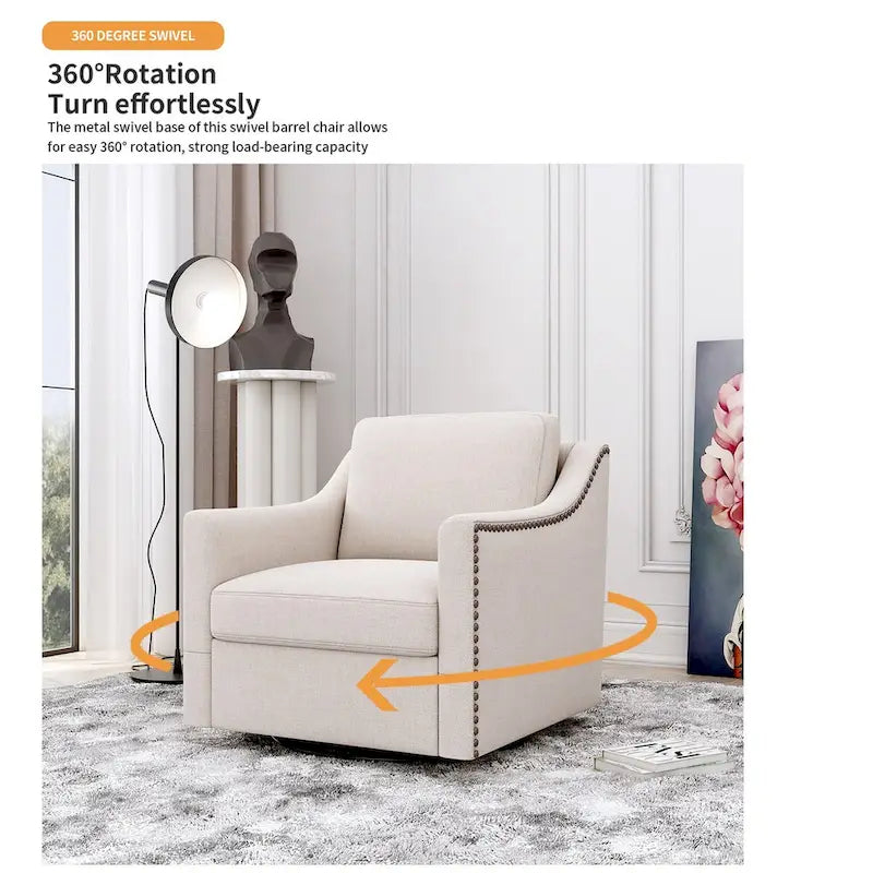 Drehbarer Akzent-Sessel mit 360-Grad-Drehfunktion, Leinenmischgewebe, Grau, modernes weiches Samtmaterial, ergonomisch, mit schwarzen Beinen für den Innenbereich