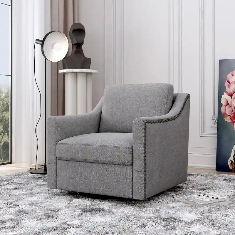 Drehbarer Akzent-Sessel mit 360-Grad-Drehfunktion, Leinenmischgewebe, Grau, modernes weiches Samtmaterial, ergonomisch, mit schwarzen Beinen für den Innenbereich