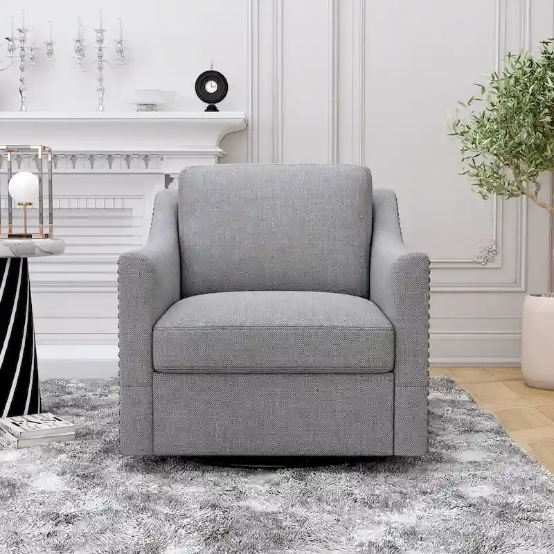 Drehbarer Akzent-Sessel mit 360-Grad-Drehfunktion, Leinenmischgewebe, Grau, modernes weiches Samtmaterial, ergonomisch, mit schwarzen Beinen für den Innenbereich