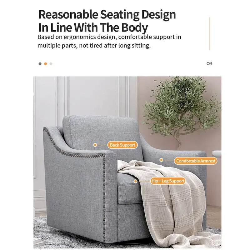 Drehbarer Akzent-Sessel mit 360-Grad-Drehfunktion, Leinenmischgewebe, Grau, modernes weiches Samtmaterial, ergonomisch, mit schwarzen Beinen für den Innenbereich
