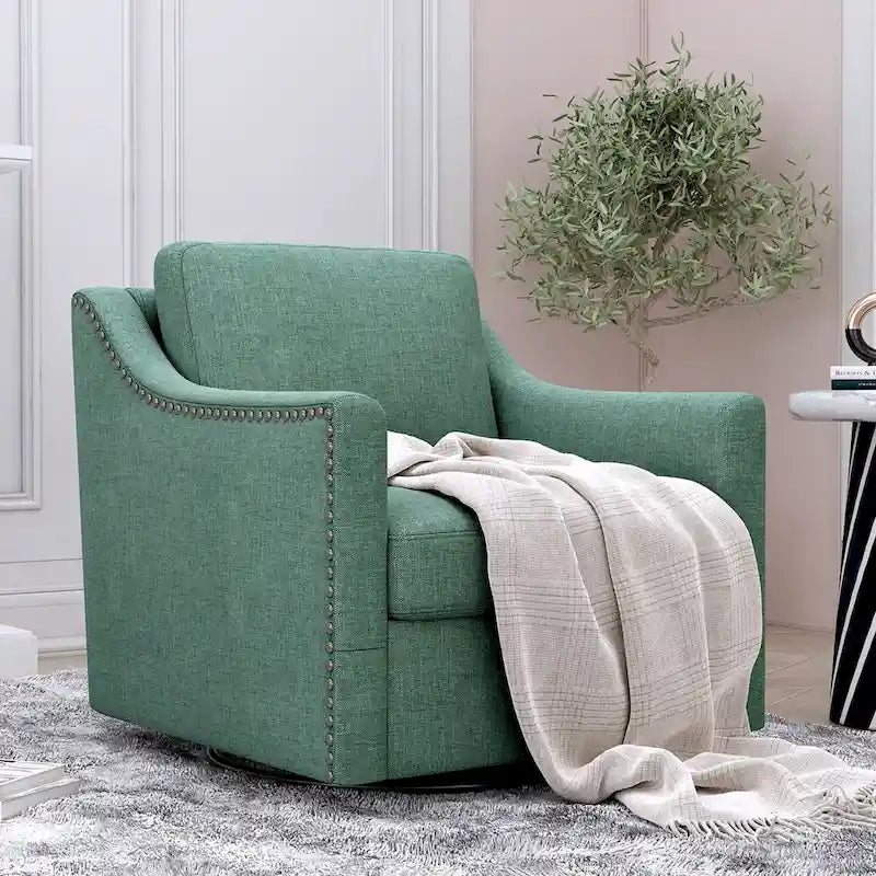 Drehbarer Akzent-Sessel mit 360-Grad-Drehfunktion, Leinenmischgewebe, Grau, modernes weiches Samtmaterial, ergonomisch, mit schwarzen Beinen für den Innenbereich