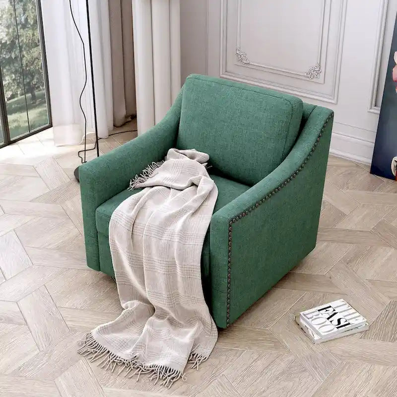 Drehbarer Akzent-Sessel mit 360-Grad-Drehfunktion, Leinenmischgewebe, Grau, modernes weiches Samtmaterial, ergonomisch, mit schwarzen Beinen für den Innenbereich