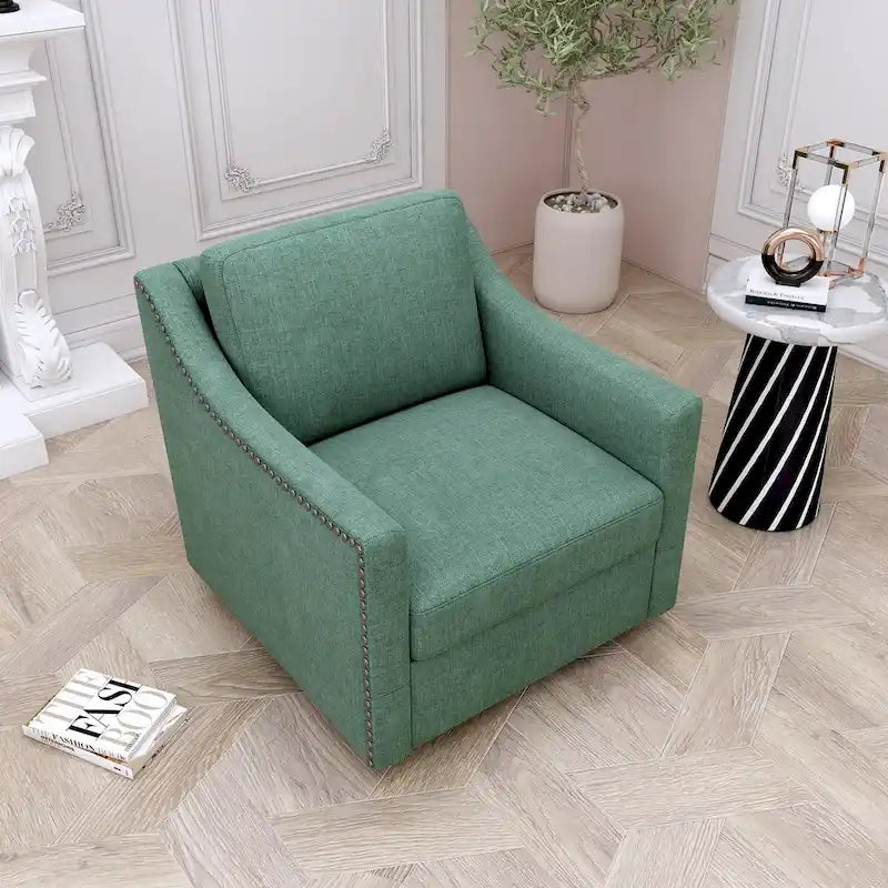 Drehbarer Akzent-Sessel mit 360-Grad-Drehfunktion, Leinenmischgewebe, Grau, modernes weiches Samtmaterial, ergonomisch, mit schwarzen Beinen für den Innenbereich