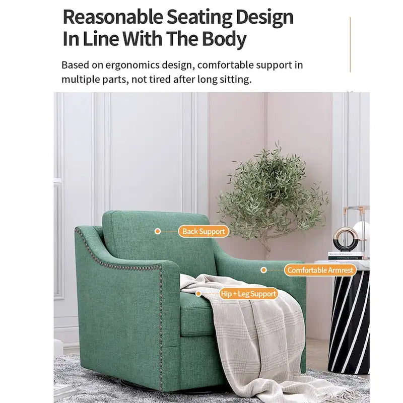 Drehbarer Akzent-Sessel mit 360-Grad-Drehfunktion, Leinenmischgewebe, Grau, modernes weiches Samtmaterial, ergonomisch, mit schwarzen Beinen für den Innenbereich