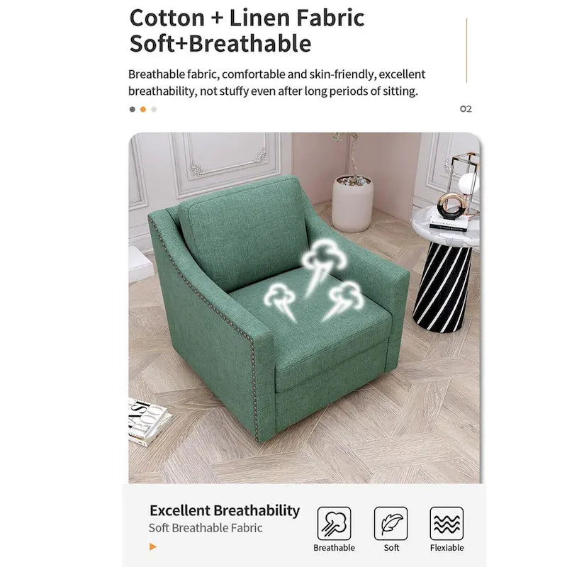 Drehbarer Akzent-Sessel mit 360-Grad-Drehfunktion, Leinenmischgewebe, Grau, modernes weiches Samtmaterial, ergonomisch, mit schwarzen Beinen für den Innenbereich