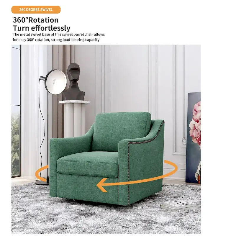 Drehbarer Akzent-Sessel mit 360-Grad-Drehfunktion, Leinenmischgewebe, Grau, modernes weiches Samtmaterial, ergonomisch, mit schwarzen Beinen für den Innenbereich