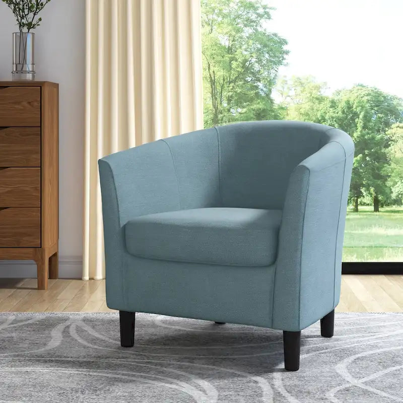 Sillón decorativo moderno tipo barril tapizado con patas de madera