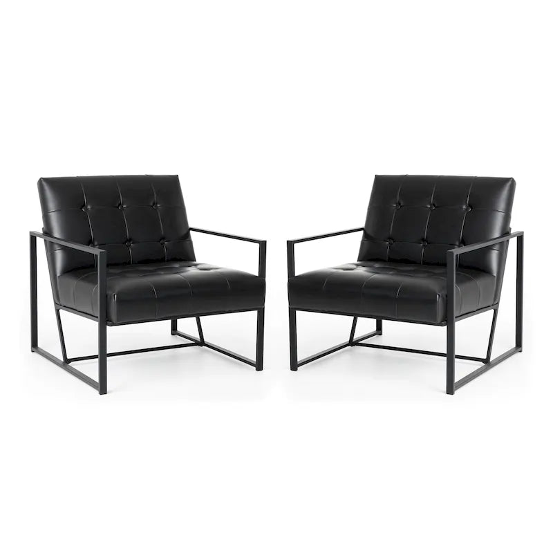 Glitzhome Set of 2 29.25W Mid-Century PU Leather Tufted Accent Chairs
