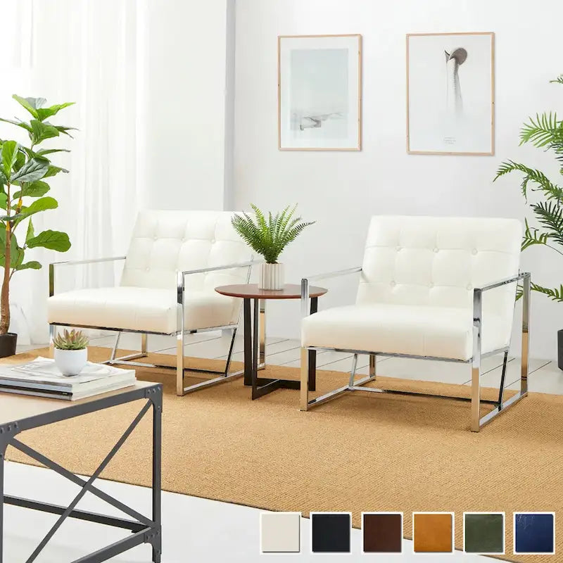 Glitzhome Set of 2 29.25W Mid-Century PU Leather Tufted Accent Chairs
