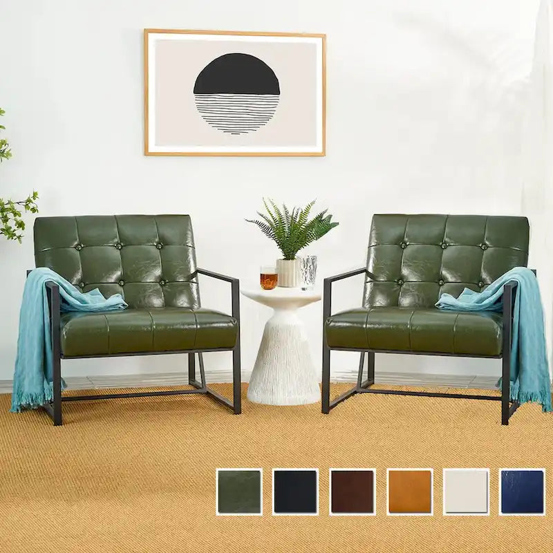 Glitzhome Set of 2 29.25W Mid-Century PU Leather Tufted Accent Chairs