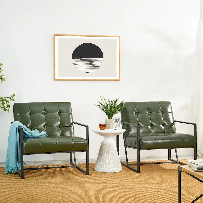 Glitzhome Set of 2 29.25W Mid-Century PU Leather Tufted Accent Chairs