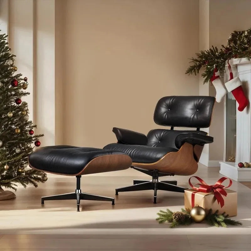 Mid-century Full Grain Leather Accent Chaise Lounge Chair and Ottoman