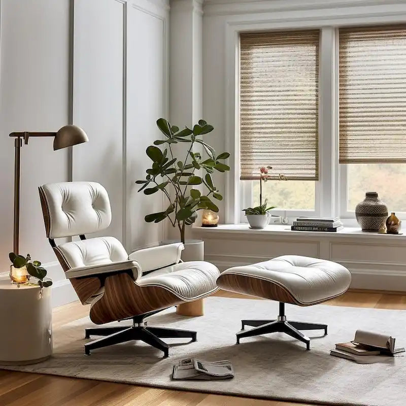 Mid-century Full Grain Leather Accent Chaise Lounge Chair and Ottoman