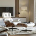Mid-century Full Grain Leather Accent Chaise Lounge Chair and Ottoman