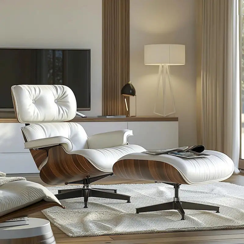 Mid-century Full Grain Leather Accent Chaise Lounge Chair and Ottoman