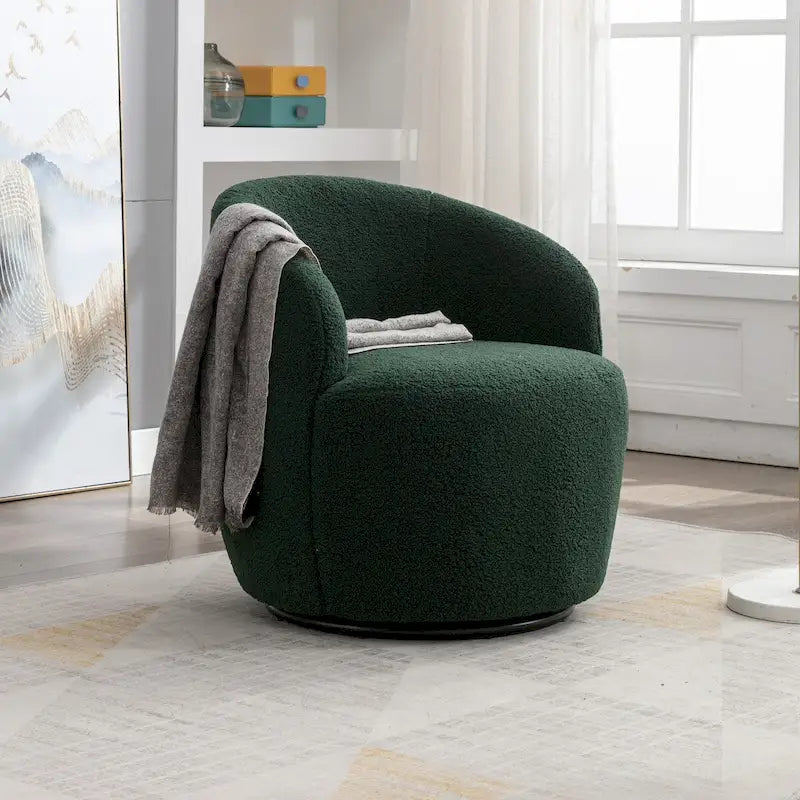 Sillón decorativo giratorio tapizado en tela de peluche, estilo barril, con base metálica redonda giratoria negra