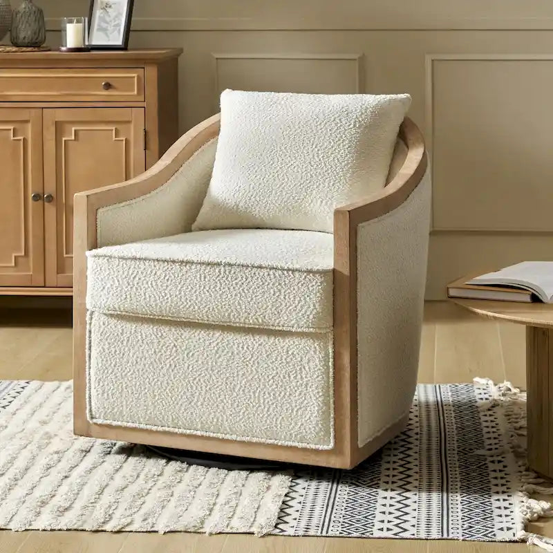 Oswald Jess Farmhouse Solid Wood Edging Swivel Barrel Chair with Toss Pillows by HULALA HOME