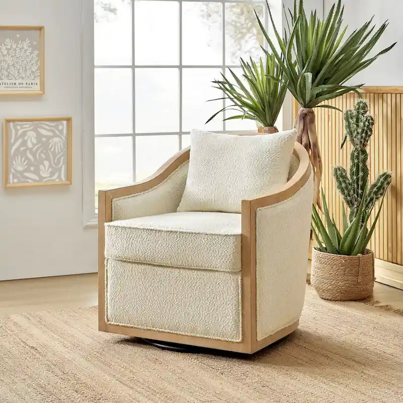 Oswald Jess Farmhouse Solid Wood Edging Swivel Barrel Chair with Toss Pillows by HULALA HOME