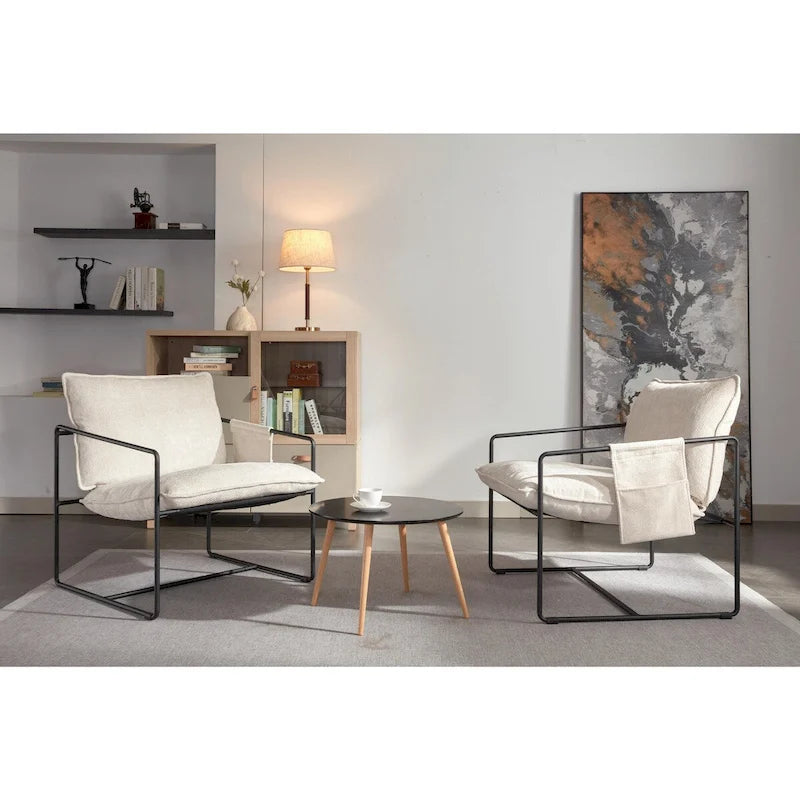 Sillones colgantes tapizados con bolsillos en los reposabrazos y estructura metálica, juego de 2