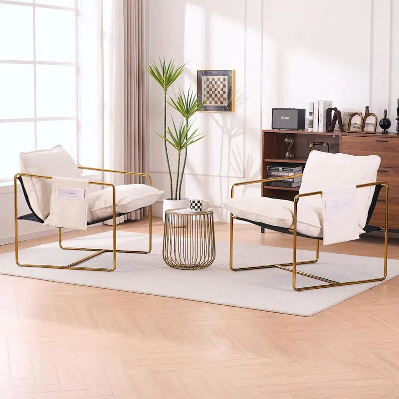 Upholstered Hanging Armchairs with Arm Pockets, Metal Frame,Set of 2