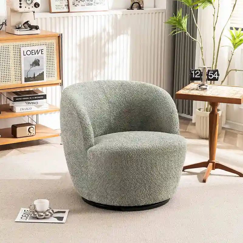 Sillón decorativo moderno individual de tela, giratorio tipo barril con rotación de 360 grados