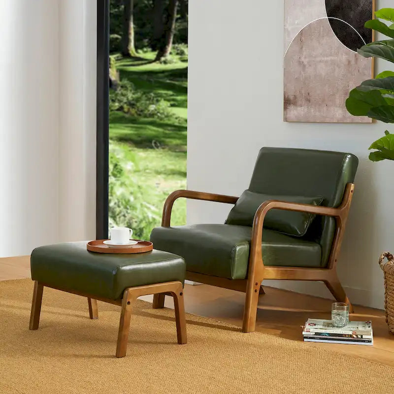Glitzhome 30.75H Mid-Century PU Leather Armchair with Ottoman Set